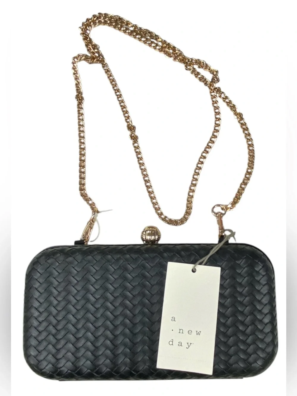 A New Day Black Woven Clutch Crossbody Bag Gold Chain Evening Purse Wedding